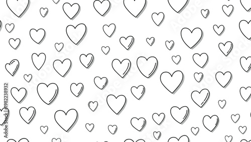 Hand drawn seamless pattern shows various sizes of simple black outlined hearts scattered across a plain white background for romance.