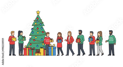 People holding colorful gift boxes standing in line by a large Christmas tree