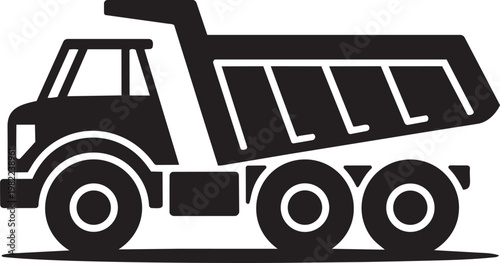 Black dump truck icon, silhouette vehicle, construction transport, industrial truck