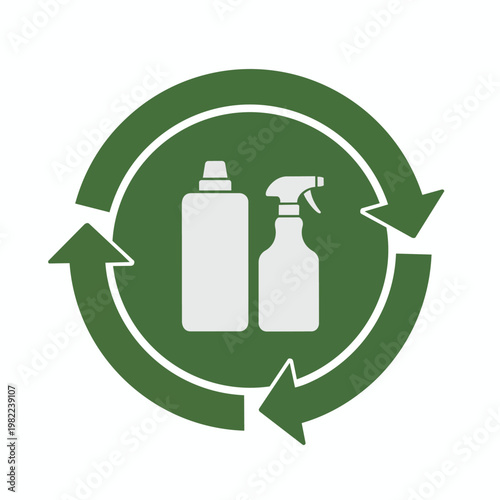 Green recycling symbol with cleaning bottles and spray bottle for household waste recycling concept.