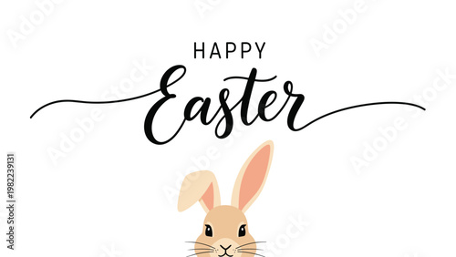 Happy Easter greeting card design features elegant calligraphy above a cute illustrated bunny head with its ears perked up in joy.