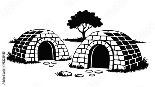 Two igloo-shaped brick structures with tree illustration