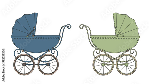 Two classic vintage style baby carriages in blue and green colors are shown side by side in a detailed and elegant vector illustration.