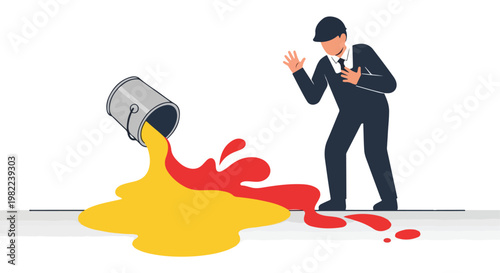 A shocked man in a suit looks as yellow paint spills and then turns red on floor