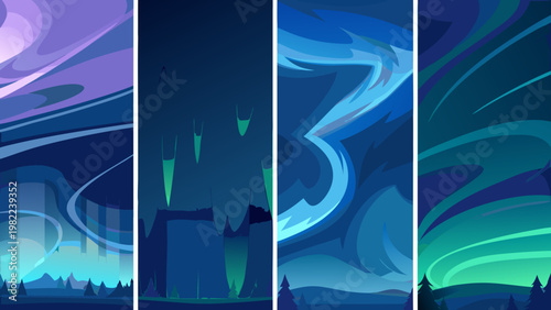 Abstract vertical panels displaying swirling aurora borealis inspired designs