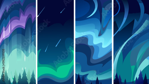 Abstract vertical panels depicting aurora borealis with silhouetted trees