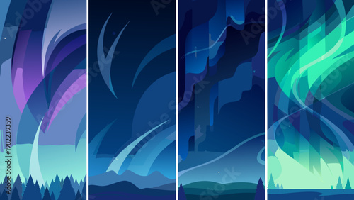 Abstract aurora borealis landscape with vibrant colors and geometric shapes