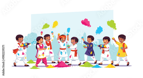 Vibrant children celebrating Holi festival with colorful powders and water guns