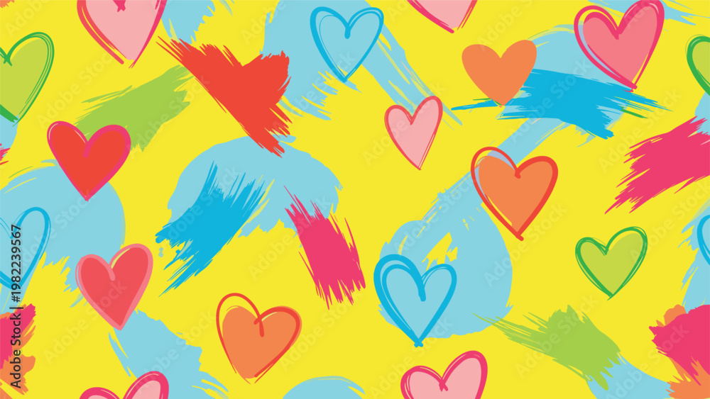 Obraz premium Energetic and colorful pattern features hand drawn hearts and expressive brush strokes in various bright colors on a bold yellow background.