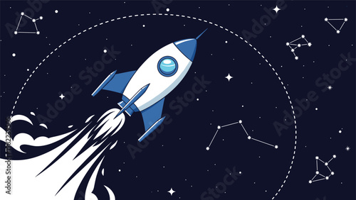 Space rocket ship launches into a dark blue starry sky surrounded by various constellations and stardust in a cool vector illustration.