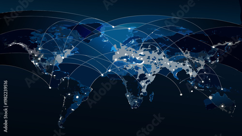 Global network connections displayed over a world map illuminated in blue