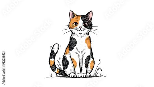 Charming illustration features a sitting calico cat with patches of orange and black fur looking forward in a detailed hand drawn style.
