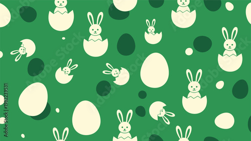 Festive Easter pattern shows white bunny silhouettes popping out of eggshells along with solid egg shapes on a vibrant green background.