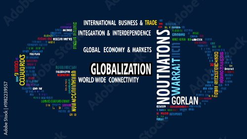 Globalization concept visualized as a world map with related keywords