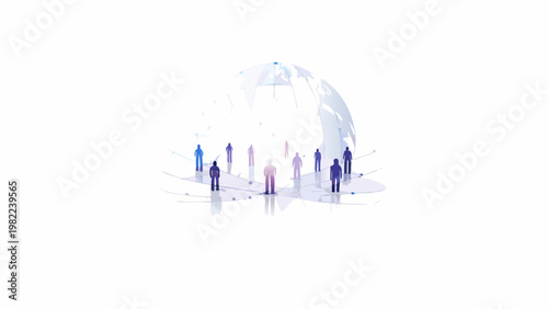People gathered around a glowing translucent globe in a futuristic setting