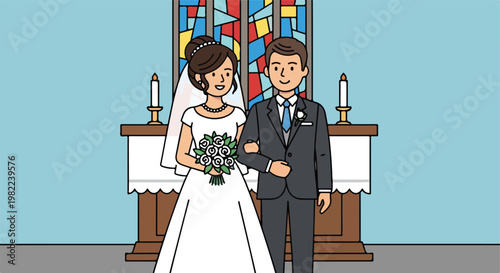 A cartoon bride and groom standing at a church altar with a stained glass window