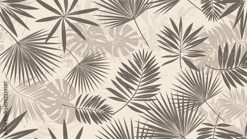 Elegant tropical pattern features brown silhouettes of various palm and monstera leaves over a textured beige background for a natural look.