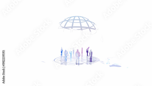 Abstract illustration of figures gathered beneath a geometric dome structure