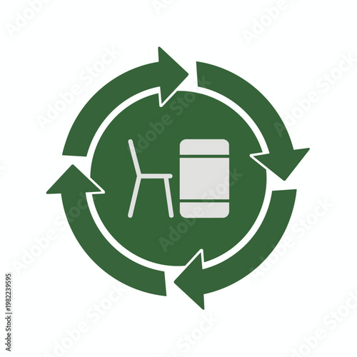 Recycle symbol with chair and barrel for furniture and industrial waste recycling.