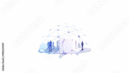 Figures inside a glowing translucent geodesic dome of connected lines