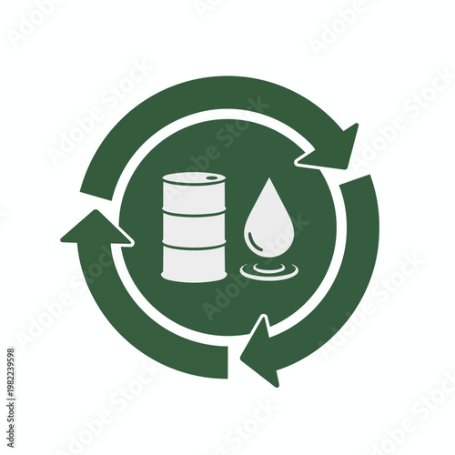 Recycling arrows around oil barrel and water drop for resource management.