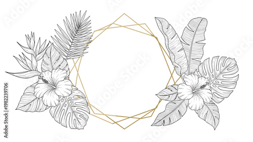 Elegant gold geometric border is framed by detailed botanical illustrations of various tropical leaves and flowers in a fine line style.