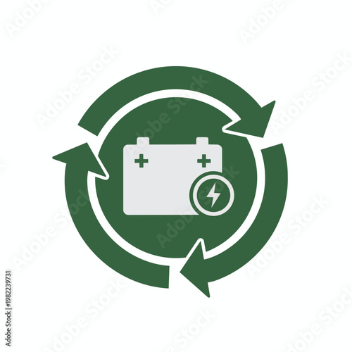Battery recycling symbol with green arrows and white isolated illustration of car battery.