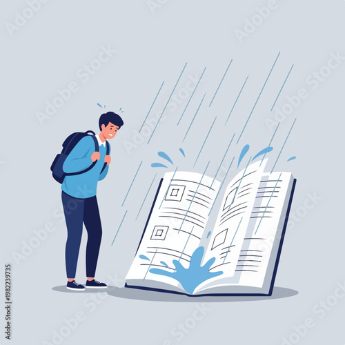 Worried male student looking at a giant open book getting soaked by heavy rain