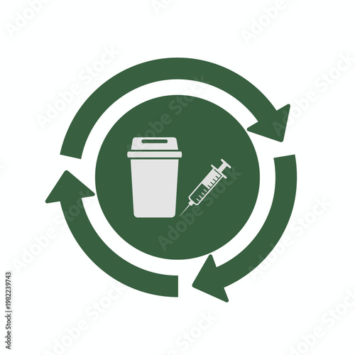Recycling symbol around medical waste and syringe for disposal and protection.
