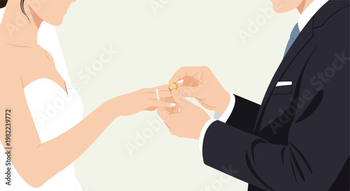 Minimalist illustration of a groom placing a wedding ring on his bride's finger