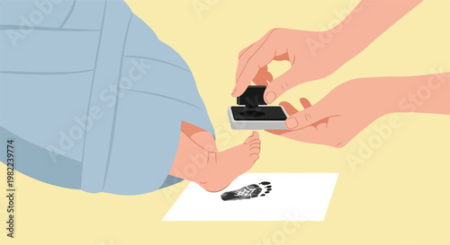 Vector illustration of a newborn baby foot being ink-stamped for identification
