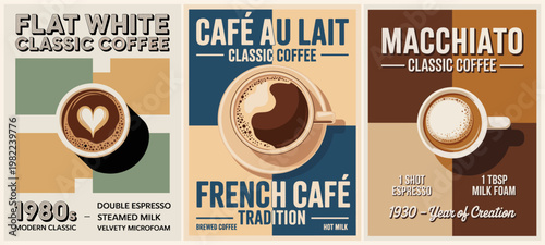 Vintage coffee posters evoke nostalgic charm. Flat white, cafe au lait, and macchiato designs grace each panel. Retro typography and warm tones dominate the visuals