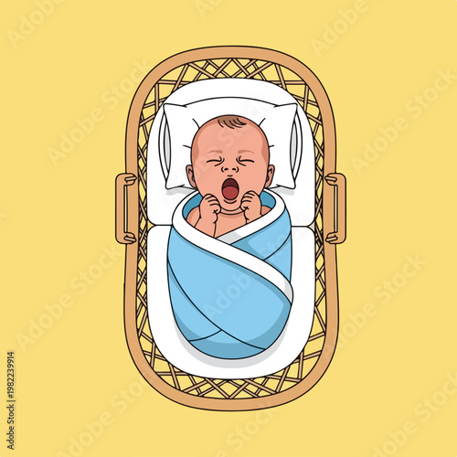 Yawning swaddled baby lies within a wicker bassinet on a bright yellow background