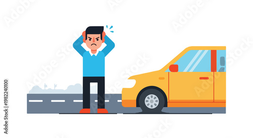 Angry man with a flat tire on yellow car holding his head in frustration on road