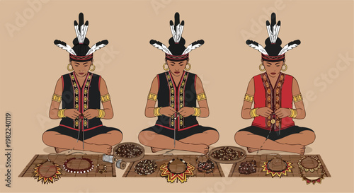 Three women in tribal attire sit cross-legged crafting beaded necklaces on mats