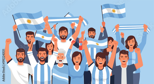 Enthusiastic crowd of fans cheering and waving Argentina flags for sports match
