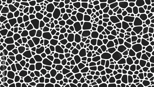 Abstract seamless pattern with a white organic cellular or stone mesh design on a solid black background for texture.