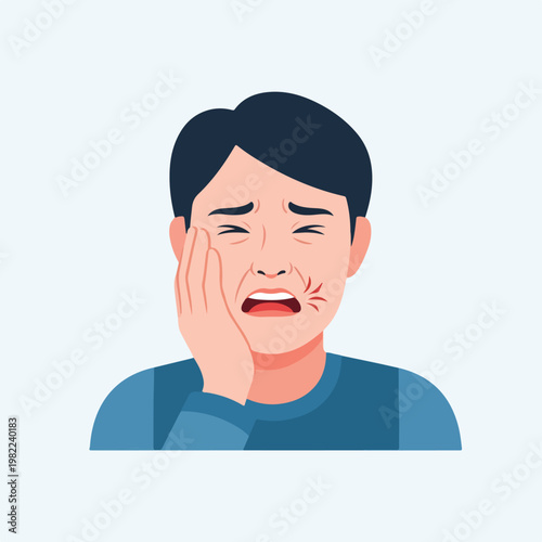 Flat character of a man touching his swollen cheek while crying in intense pain