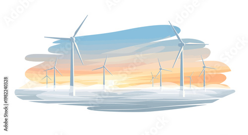 wind turbines at sunset with abstract brush strokes background