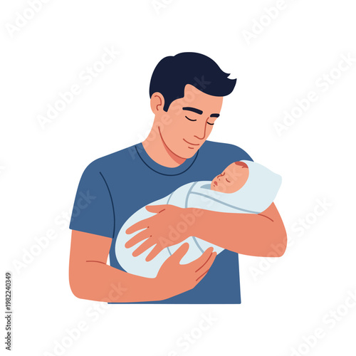 Man holding a sleeping newborn baby swaddled in a blanket on a white background