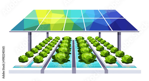 Sustainable agriculture with solar panels and green plants
