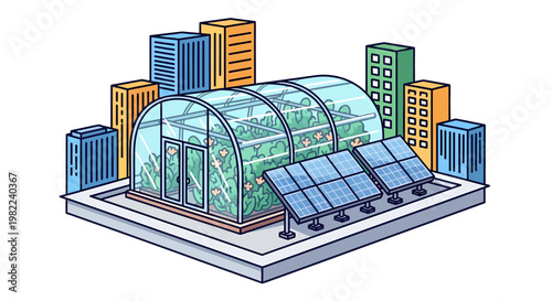 Sustainable urban greenhouse with solar panels and skyscrapers
