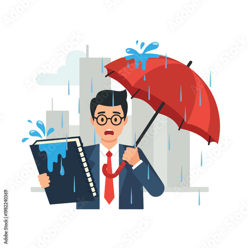 A worried businessman with a red umbrella while rain splashes his office notepad