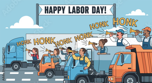 Colorful cartoon of diverse drivers honking horns on trucks for Labor Day rally