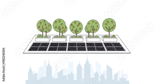 Solar panels with green trees on top and city skyline background