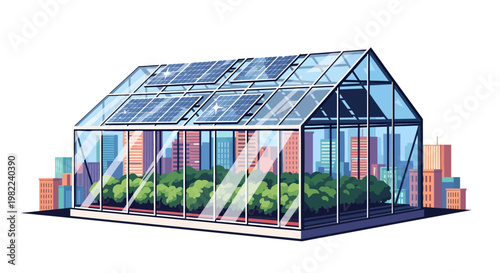 Colorful illustration of a modern greenhouse with plants and solar panels