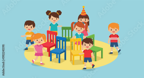 Happy cartoon children playing musical chairs around a circle of colorful seats