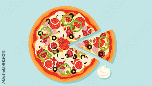 Top view of a delicious looking pizza with various toppings like tomatoes, mushrooms, and peppers on a blue background.