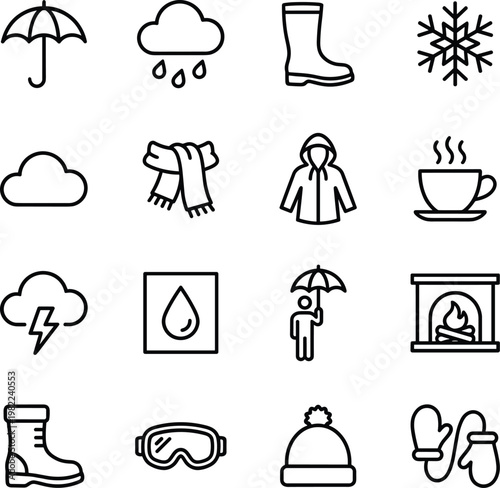 Winter Weather Icon Vector Set with Snow, Rain, Warm Clothing, and Cozy Symbols