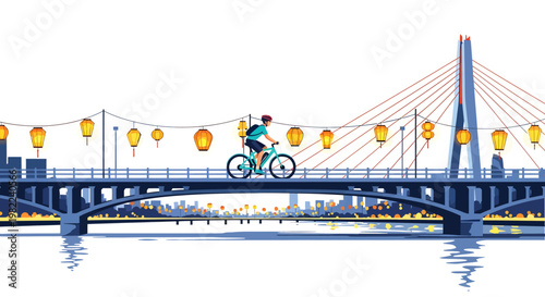 Cyclist riding bike across suspension bridge with lanterns
